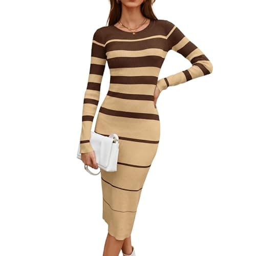 MAKABO Winter Chocolate Stripe Knit Sweater Dress for Women Crew Neck Ribbed Bodycon Midi Dresses Date Brunch Outfits, S