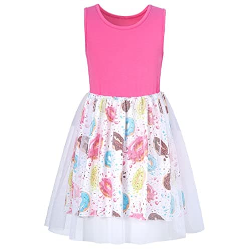 Little Girls Summer Dress 4-5T Sleeveless Candy Donut Print Pink Tutu Tulle Sundress Kids Casual Twirl Dresses