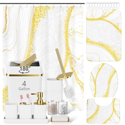 25PCS Bathroom Sets with Shower Curtain and Rugs Bathroom Accessory Set White Bathroom Set with Large-Capacity 4 Gallon Trash Can Toilet Brush Toothbrush Holder Soap Dispenser
