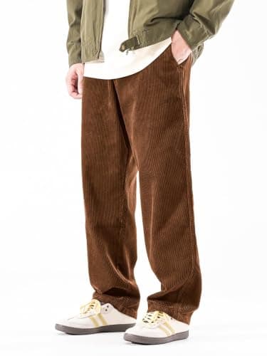 PLEPAN Men's Corduroy Baggy Pants Straight Fit Brown L