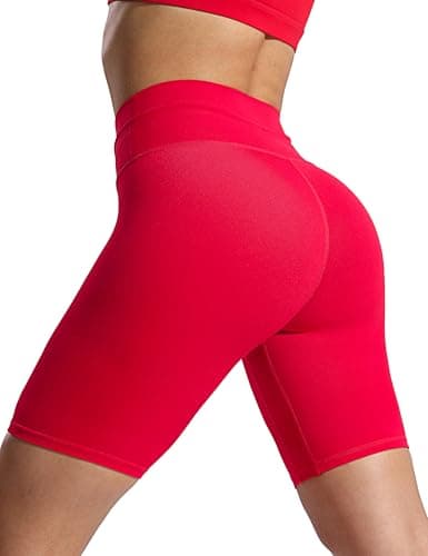 POSHDIVAH Women's Creamluxe Biker Shorts-8" High Waisted Drawstring Running Gym Volleyball Yoga Workout Shorts, Scarlet Medium