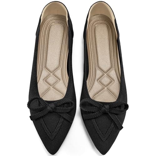 Ablanczoom Ballet Flats Shoes for Women: Dressy Pointed Toe Bow Knit Flats Comfortable Slip On Work Business Casual Shoes Black
