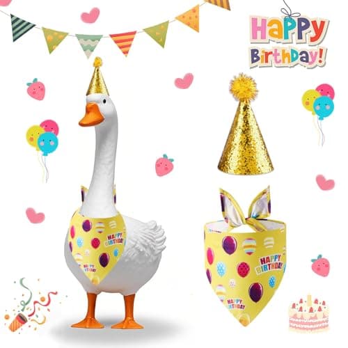 Happy Birthday Porch Goose Outfits with Glitter Birthday Hat and Bandana Yard Goose Outfits, Goose Outfit Set for 23Inch Cement Plastic Duck Decorations