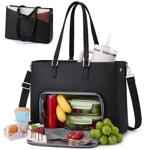 LOVEVOOK Lunch Tote Bag for Women, 3 in 1 Work Bag with Leakproof Cooler Compartment, Laptop Bag with Large Cup Holder for Office, College, Casual, Beige-black-brown