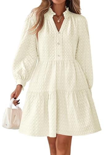 Lazysmile Dresses for Women Long Sleeve V Neck Button Down Ruffled Flowy Fall Casual Babydoll Tunic Dress Apricot