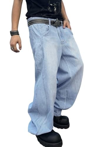 DFGIGT Mens Irregular Sutures Baggy Jeans with Angled Pocket Y2k Hip Hop Wide Leg Denim Pants Jinco Casual Loose Trousers Streetwear 2000s Relaxed Skater Skateboard Light Blue,C10 Blue,XX-Large
