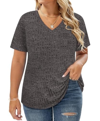 CARCOS Womens Plus Size Summer Tops 3X Grey V Neck Shirts Short Sleeve Knit Tees Invisible Stripe Pullover Tshirts for Women Casual Tunic Tops 3XL 20W 22W