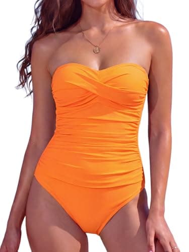 RELLECIGA Women's Tummy Control One Piece Swimsuit Bandeau Strapless Ruched Bathing Suits(Orange,XX-Large)