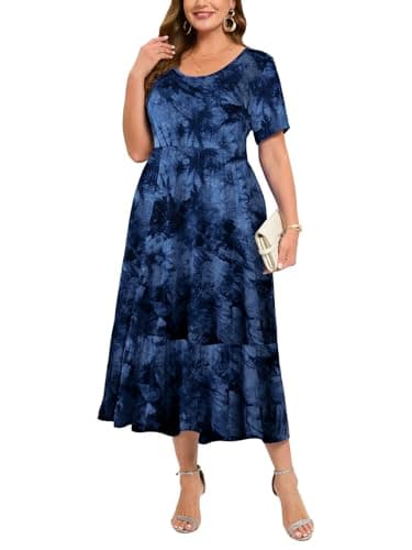 LARACE Plus Size Dresses for Women Summer Casual Short Sleeve Long Dress Flowy Maxi Beach Dresses with Pockets L-6XL(T09-DarkBlue L)