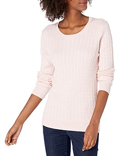 Amazon Essentials Women's Lightweight Cable Crewneck Sweater, Long Sleeve (Available in Plus Size), Light Pink, X-Large