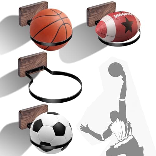 Lauvee Basketball Holder Wall Mount, Ball Storage Wall Decorations for Basketball, Football, Soccer, Volleyball Collection, Stylish Basketball Rack Display for Home Decor, 1, Black Walnut