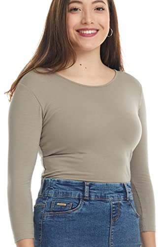 ESTEEZ 3/4 Sleeve Cotton Fitted Layering T-Shirt for Women – Modest Soft Base Underscrubs Casual Brown (EX801247 Brown XL)
