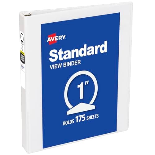 Avery Standard View 3 Ring Binder, 1" Round Rings, 175-Sheet Capacity, 1.4 Inch Wide Spine, 1 White Binder, Ideal for Lightweight Organization and Occasional Referencing (05711)