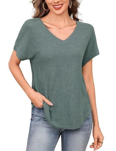 Totatuit Women's V Neck Waffle Knit Shirts Short Sleeve Summer Casual Tops Loose Fit Curved Hem Tunic Blouses Soft Lightweight Tees Gray-Green