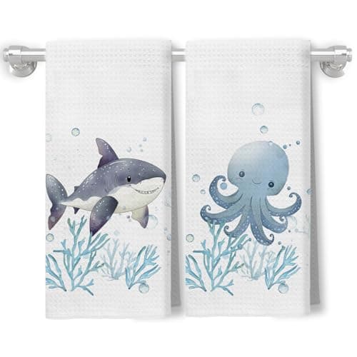 XUNLURY Coastal Shark Octopus Kitchen Towels, Coastal Beach Ocean Hand Towels for Kids Bathroom Decor, Cute Sea Animals Coral Decorative Dish Tea Towels for Kitchen, 16x24 Inch Set of 2
