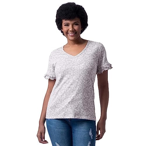 Lee Women's Cotton Ruffle Short Sleeve V-Neck T-Shirt, Light Grey/Berry Blossom, Large