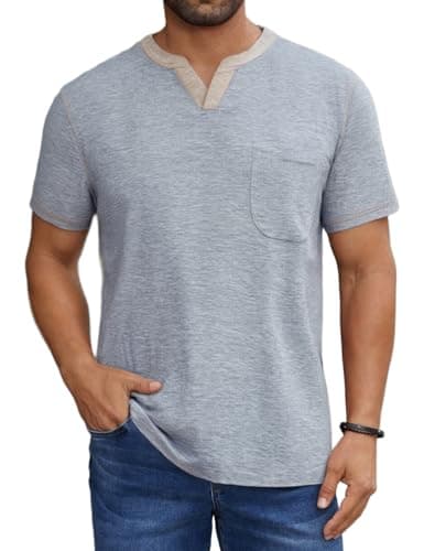 LuxMania Men's Casual Henley Shirt Short Sleeve Summer V Neck Solid T-Shirt Tops Whith Pocket Light Grey S