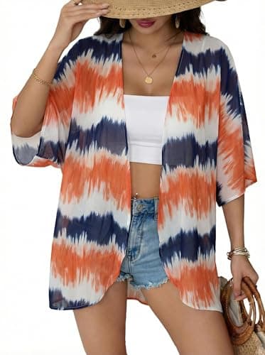 Chunoy Women Floral Short Sleeve Chiffon Kimono Beach Swimsuit Cover Up