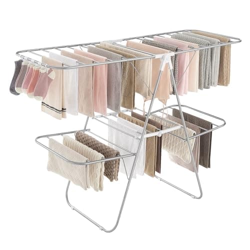 SONGMICS Clothes Drying Rack, Foldable 2-Level Laundry Drying Rack, Free-Standing Laundry Airer, with Height-Adjustable Wings, 33 Drying Rails, Sock Clips, Silver and White ULLR053W01V1