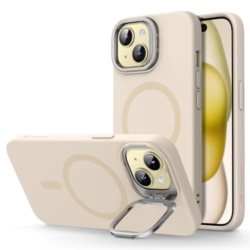 ESR for iPhone 15 Plus Case, MagSafe Silicone Case with Stand, Military-Grade Protection, Built-in Camera Stash Stand, Magnetic Phone Case for iPhone 15 Plus, Cloud Series,Light Tan