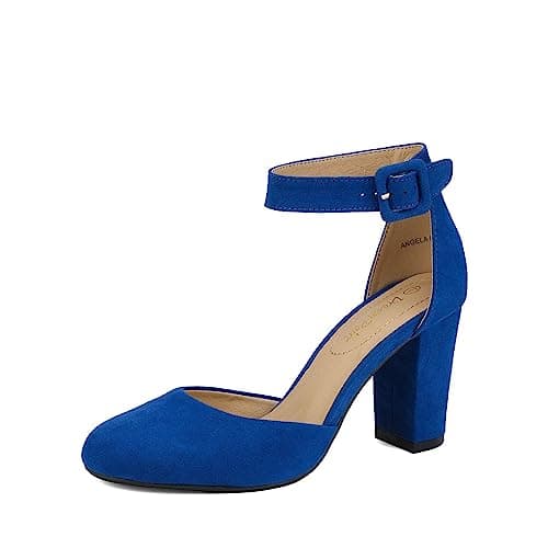 DREAM PAIRS Women's High Heel Ankle Strap Closed Toe Chunky Wedding Party Pumps Shoes,Size 5.5,Royal/Blue/Suede,Angela