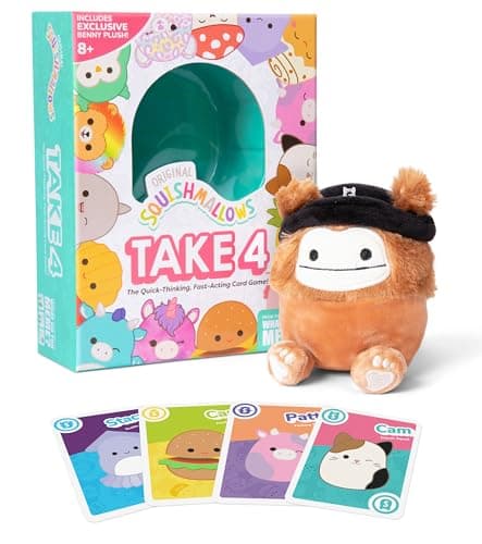 Squishmallows Take4 by Relatable, Exciting Games, Board Games and Card Games for Family Gatherings, Great for Kids Games, Includes 1 Exclusive Collectible Squishmallows, 84 Cards, and Instructions
