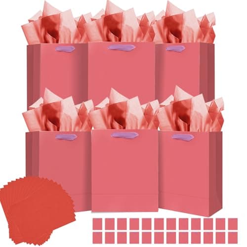 qiqee 24pcs Salmon Gift Bags with Tissue Paper for Wedding, Birthday, Party Supplies-7.9"x4.3"x9.6" Medium Size Cardboard Gift Bags（24pcs Bags + Tissue Paper ）