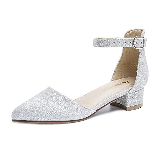 Amoji Girls High Heels Kid Dress Shoes Closed Toe Sandals Wedding Flower Shoes Party Silver KID412 Size 2 Big Kid