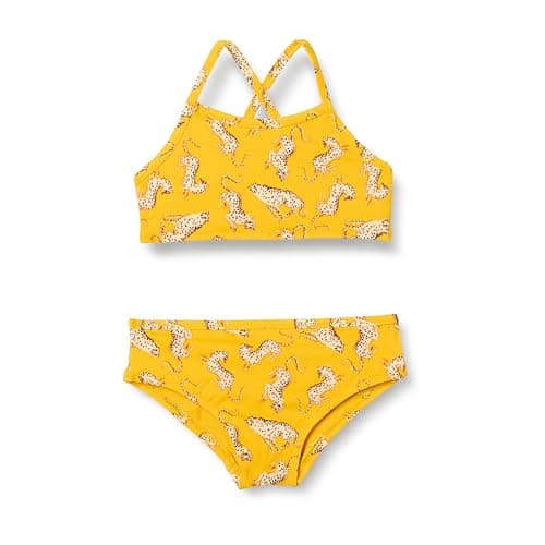 Amazon Essentials Girls' Cross Back Bikini Set, Golden Yellow Beige Leopard, Small