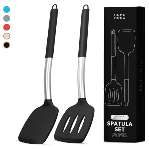 Home Hero Silicone Spatula Set - Heat Resistant Spatulas for Cooking - Ergonomic Stainless Steel Cooking Utensils - Solid & Slotted Silicone Turners - Pack of 2, Black