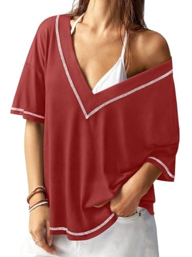 REORIA Women's Trendy Oversized V-Neck T Shirt Short Sleeve Off The Shoulder Contrast Stitching Loose Fit Tops for 2026 Spring Summer Rust Red 2 XX-Large