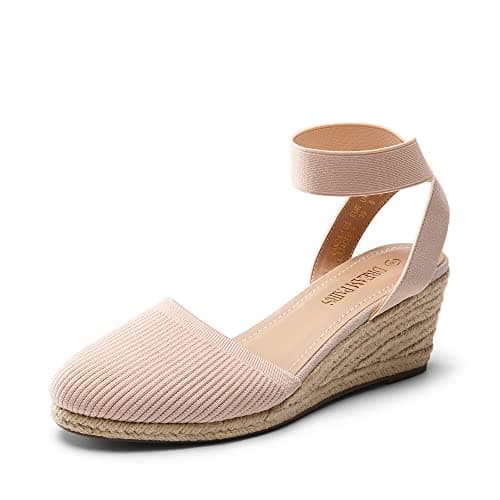 DREAM PAIRS Women's Elastic Ankle Strap Espadrilles Wedge Sandals,Size 5,Pink-Knit,AMANDA-1