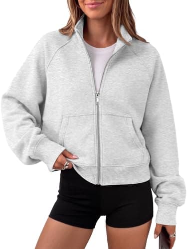 Trendy Queen Womens Zip Up Cropped Hoodies Mock Neck Sweatshirts Y2K 2026 Grey M
