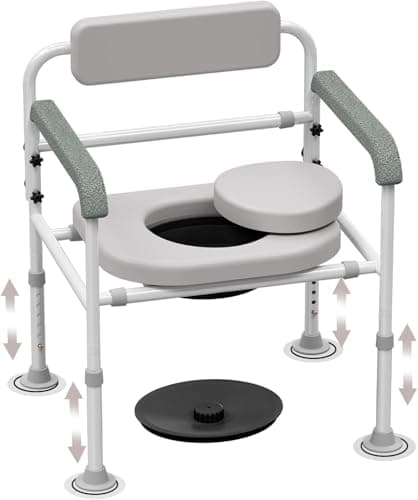Adjustable Medical Bedside Commode Chair with Padded Backrest, Drop Arm Support, Height Adjustable Grey