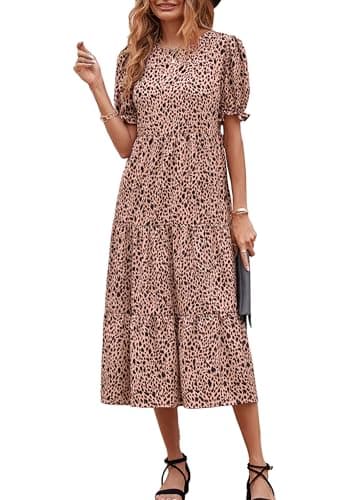 PRETTYGARDEN Summer Dresses for Women 2025 Casual Floral Boho Midi Sun Dress Puff Short Sleeve Flowy Beach Vacation Sundress (Khaki Black Leopard,Medium)
