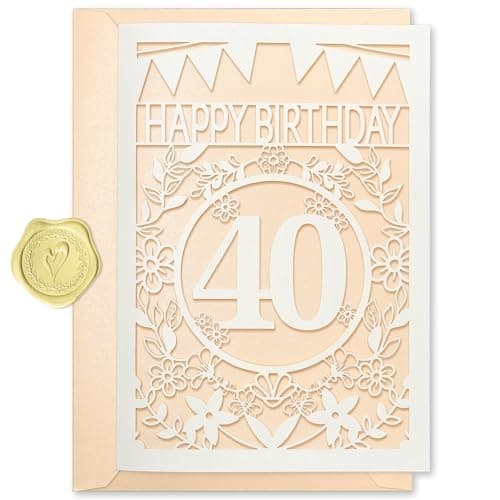 HAMUIERS Happy Birthday Card - Laser Cut Paper Greeting for 40th Birthday Age, Lacy Engrave Design & Sparkly Milestone Gift Keepsake for Women, Friend, Family, with Envelope & Pink-Ochre