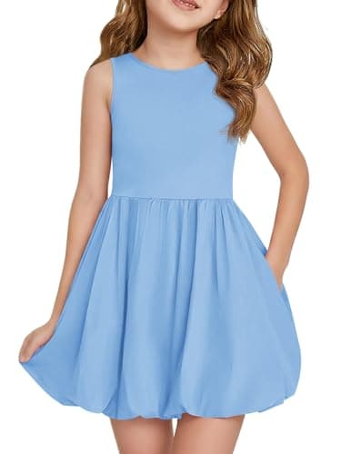 Haloumoning Girls Summer Sleeveless Bubble Dress Kids Cute Crew Neck Tank Mini Dresses with Pockets 5-14 Years Light Blue
