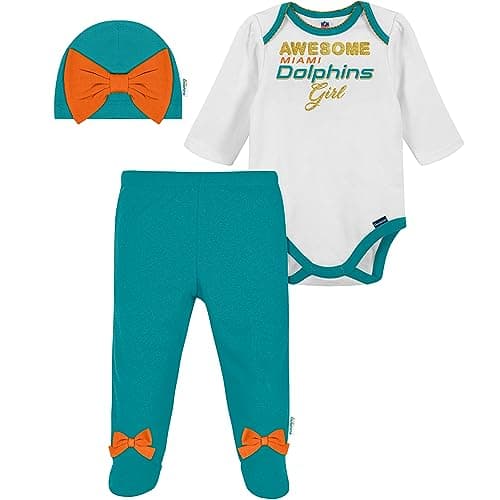 Gerber NFL Baby Girls' 3Pc Bodysuit, Footed Pant, & Cap Set, Miami Dolphins, 6-9 Months