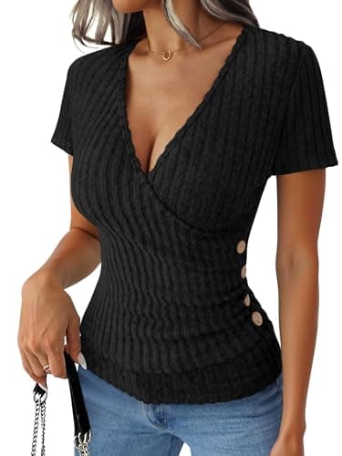 ANRABESS Women Short Sleeve V Neck Shirts,Black,M