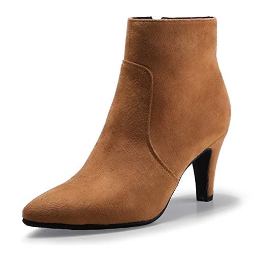 IDIFU Kitten Low Heel Pointed Toe Short Boots for Women Booties Brown Suede