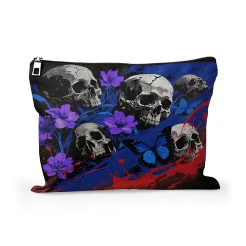 Cafl Gothic Dark Skull & Butterfly Makeup Bag Travel Large Cosmetic Bag Organizer toiletry Essentials Jewelry Skincare Zipper Bag For Women -10×8 inch