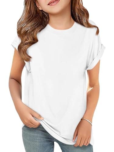 Haloumoning Girls Short Sleeve T-Shirts Kids Summer Crewneck Curve Hem Tunic Tops Soft Tees 5-14 Years White