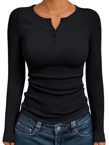 Trendy Queen Long Sleeve Henley Shirts For Women Fall Winter Ribbed Tops