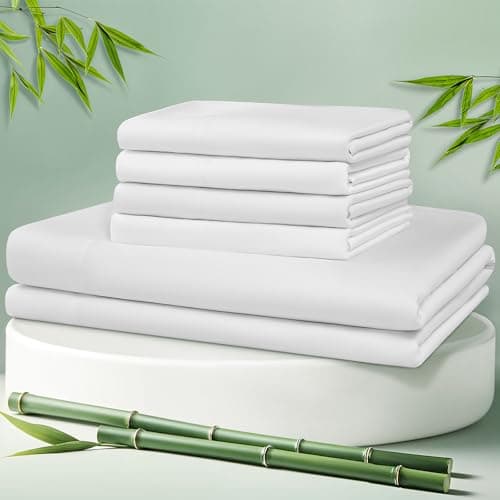 LBRO2M Cooling Bed Sheet 100% Viscose Derived from Bamboo Sheet Set Queen Size 6 Piece,16" Deep Pocket, 1800 TC Sheet Super Soft Silky Smooth,Breathable Cool (Queen White)