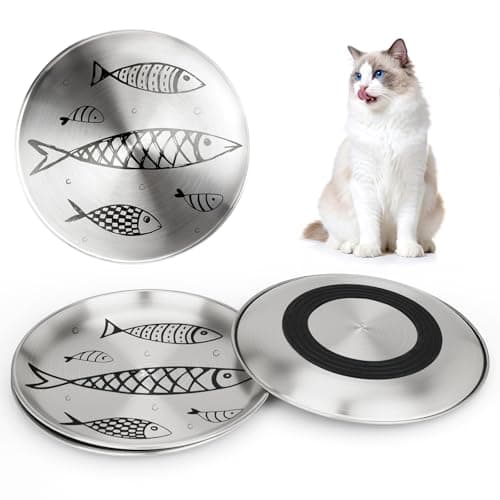Petdream 4 Pcs Cat Bowl Stainless Steel Dish - Whisker Friendly Shallow Cat Food Plate with Anti-Slip Base - Easy Clean Feeding Bowls for Indoor Cats, Wet Food (Patterns, Fish)