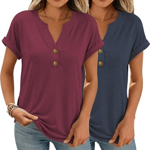 Women Tops Shorts Sleeve Shirts V Neck Henley Tops Spring Summer Trendy Casual Blouses Vacation Loose Tees Clothes 2026