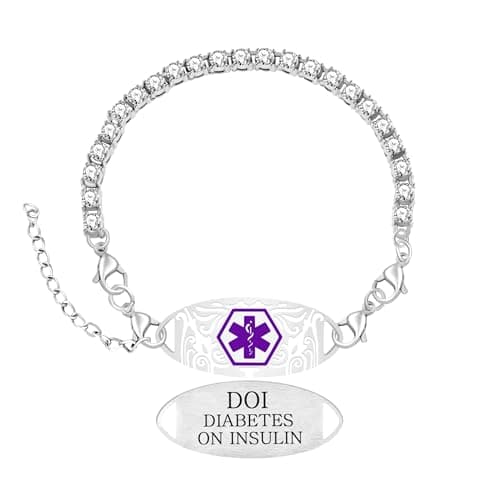 Zircobic Women’s Medical ID Bracelet for DIABETES ON INSULIN, White Zircon Tennis Chain with Interchangeable Curved Plate, Laser Engraved Stainless Steel Tag, Waterproof and Adjustable