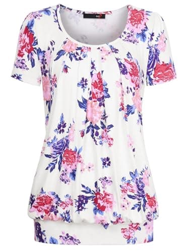 DJT Women's Summer Tops Short Sleeve Pleated Front Dressy Casual Loose Blouse T Shirts Large White Floral