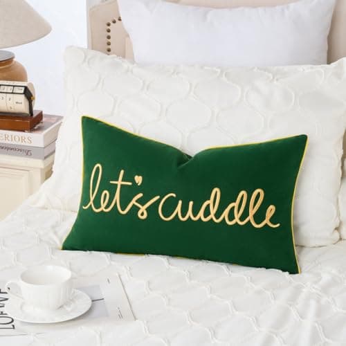Sanmetex Let's Cuddle Lumbar Pillow Cover 12x20 Inch Green and Gold Rectangle Cotton Throw Pillowcase Embroidery Cushion Cover for Bed Bedroom Living Room