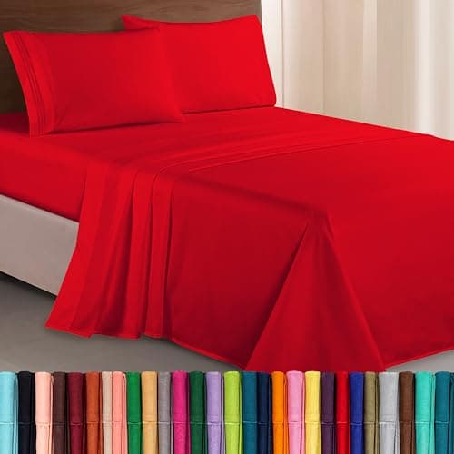 Elegant Comfort Luxurious 1500 Premium Hotel Quality Microfiber Three Line Embroidered Softest 4-Piece Bed Sheet Set, Wrinkle and Fade Resistant, Queen, Red